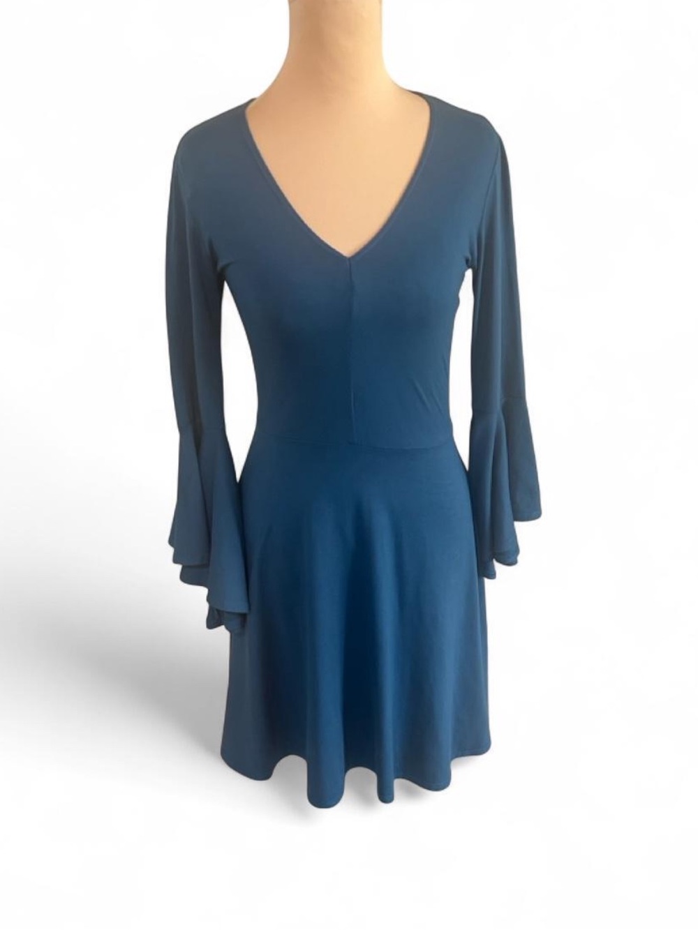 Socialite V-Neck Long Sleeve Bell Cuff Skater Dress in Teal